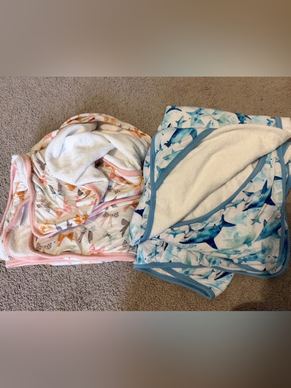 BAMBOO & terry cloth Kids Hooded Towels - Pink Bows & Blue Shark Designs
